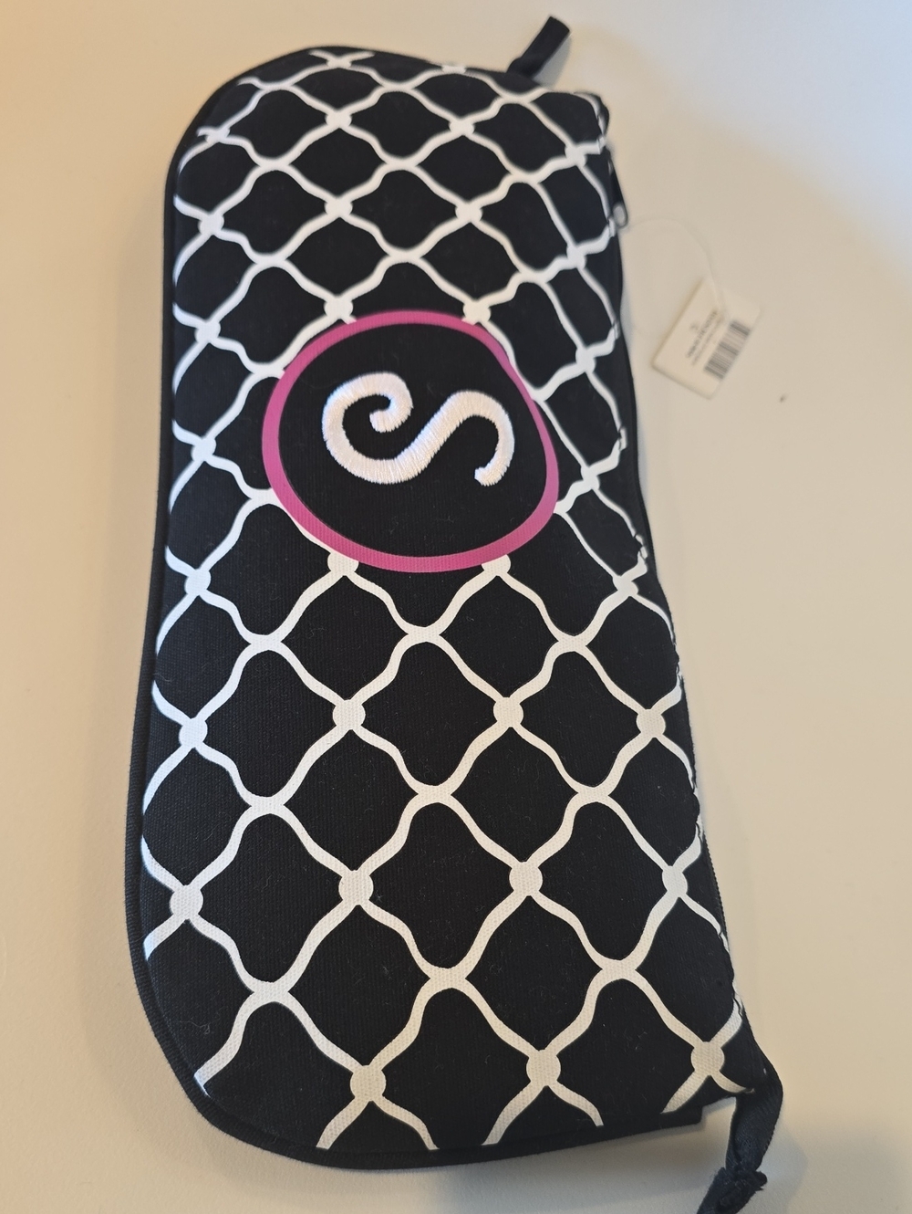 Black & White Lattice Cosmetic Case with Pink Monogram Accent